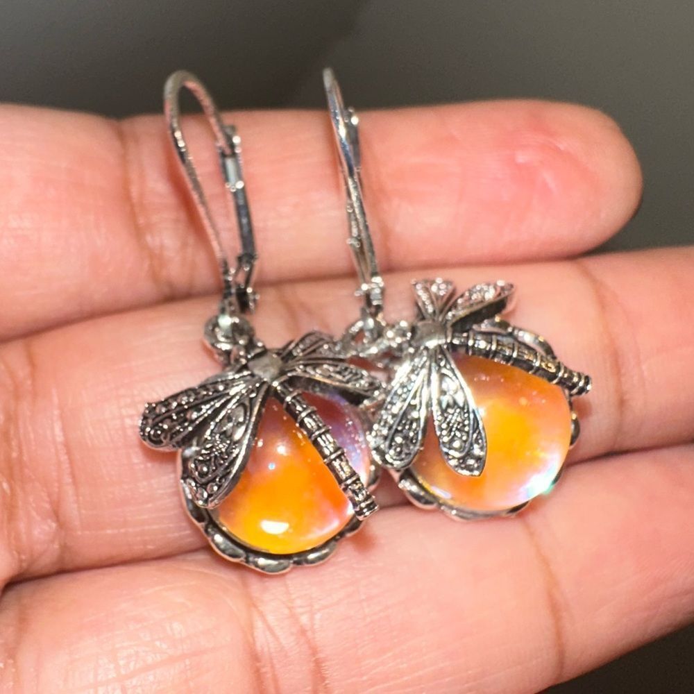 Silver Dragonfly Drop Earrings with Iridescent Gemstones